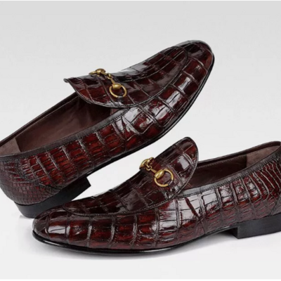 Men handmade maroon crocodile texture leather moccasin business shoes