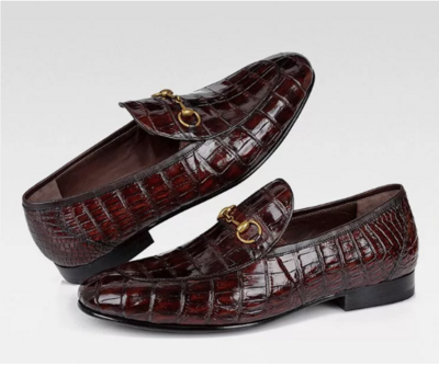 Men Handmade Maroon Crocodile Texture Leather Moccasin Business Shoes