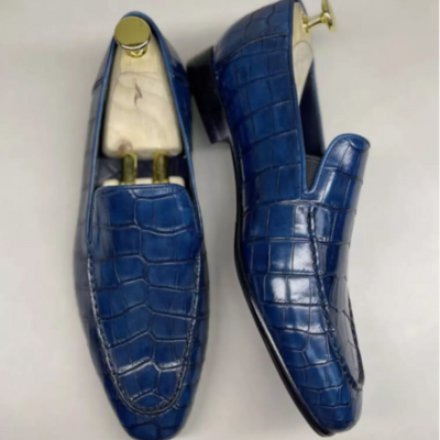 Handmade men crocodile leather blue loafer shoes, peas shoes, casual loafer shoe