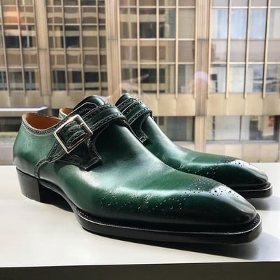 Handmade men's green leather single buckle dress formal shoes