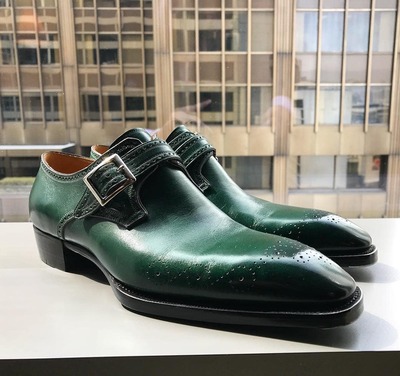 Handmade Men's Green Leather Single Buckle Dress Formal Shoes