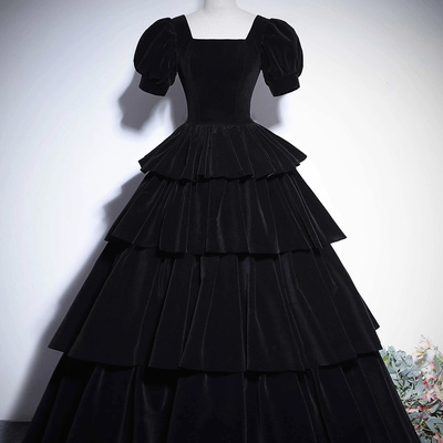 Black velvet long a-line prom party dress - Thumbnail 1