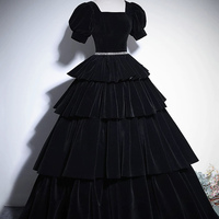 Black Velvet Long A-Line Prom Party Dress - Thumbnail 2