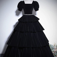Black Velvet Long A-Line Prom Party Dress - Thumbnail 4