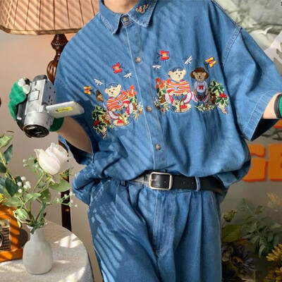 Bear flower embroidery turndown collar denim shirt