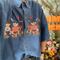 Bear Flower Embroidery Turndown Collar Denim Shirt - Thumbnail 1