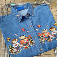Bear Flower Embroidery Turndown Collar Denim Shirt - Thumbnail 2