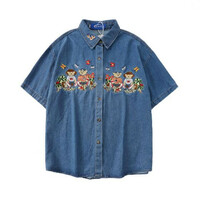 Bear Flower Embroidery Turndown Collar Denim Shirt - Thumbnail 3