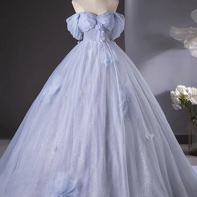 Blue tulle floor length prom evening dress, a-line off the shoulder party dress - Thumbnail 2