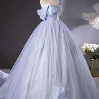 Blue Tulle Floor Length Prom Evening Dress, A-Line Off the Shoulder Party Dress - Thumbnail 2