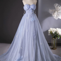 Blue Tulle Floor Length Prom Evening Dress, A-Line Off the Shoulder Party Dress - Thumbnail 4