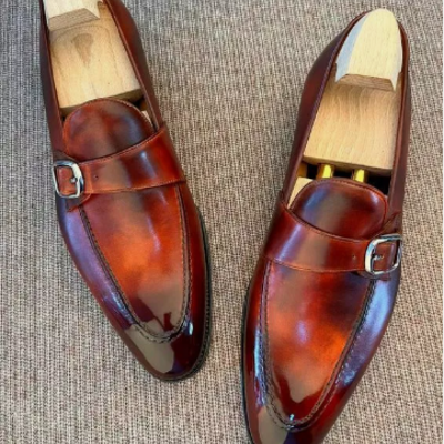 Handmade men brown shaded leather monk shoes, men leather formal dress shoes