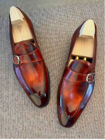 Handmade men brown shaded leather monk shoes, men leather formal dress shoes