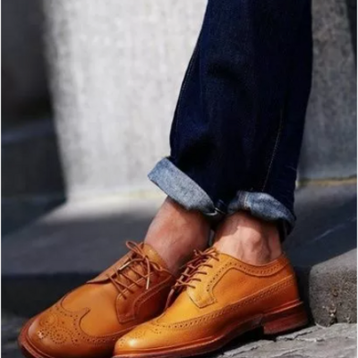 Handmade men tan wing tip brogue leather formal dress lace up shoes, oxford formal dress shoes