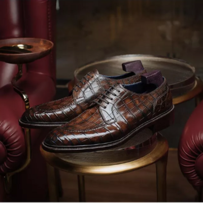 Handmade men brown crocodile texture leather formal lace up business dress shoes