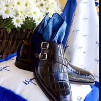 Handmade Men's Black Crocodile Double Monk Shoes - Thumbnail 1