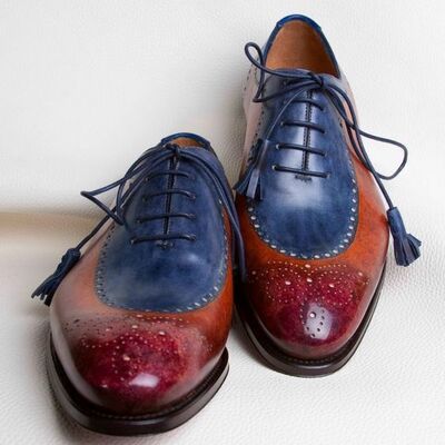 Men's handmade multi shading 3 tone brogue lace up formal shoes
