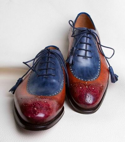 Men's Handmade Multi Shading 3 Tone Brogue Lace Up Formal Shoes