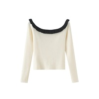 Off-shoulder long-sleeved knitted sweater with lace and colorblocking - Thumbnail 1
