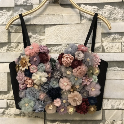 Handmade black corset top colorful 3d flowers