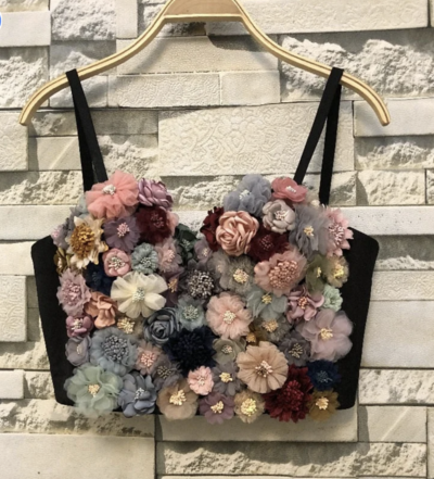 Handmade Black Corset Top Colorful 3D Flowers