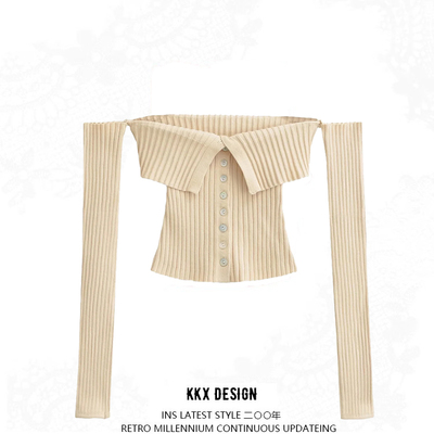 Off-shoulder single-breasted long-sleeved knitted sweater