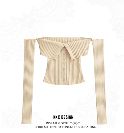 Off-shoulder single-breasted long-sleeved knitted sweater