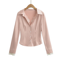 Lace trim lapel long sleeve shirt - Thumbnail 2
