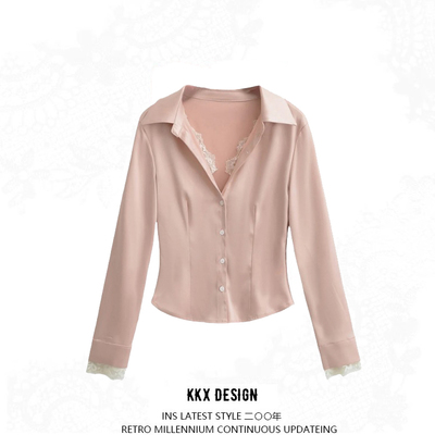Lace trim lapel long sleeve shirt