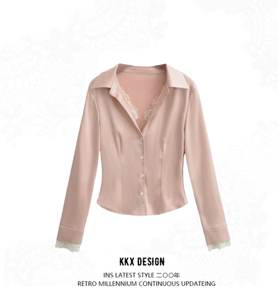 Lace trim lapel long sleeve shirt