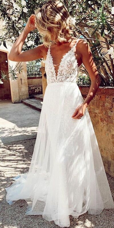 Elegant A Line Lace Boho Beach Wedding Dress Bridal Gown