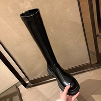 Women's leather long boots thick sole flat knight boots 2 colors - Thumbnail 1