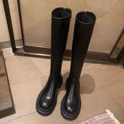 Women's leather long boots thick sole flat knight boots 2 colors