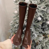 Women's leather long boots thick sole flat knight boots 2 colors - Thumbnail 2