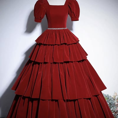 Burgundy velvet floor length a-line prom party dress - Thumbnail 1