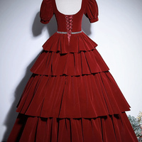 Burgundy Velvet Floor Length A-Line Prom Party Dress - Thumbnail 3