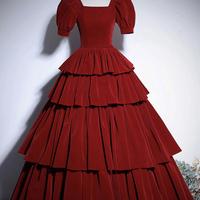 Burgundy Velvet Floor Length A-Line Prom Party Dress - Thumbnail 5