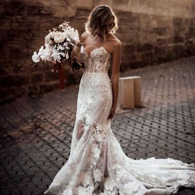 Simple mermaid sweetheart lace appliques boho wedding dress bridal gowns - Thumbnail 2