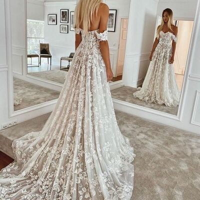 Elegant off the shoulder lace appliques boho wedding dress bridal gowns - Thumbnail 1