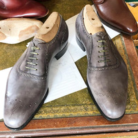 Men's Handmade Gray Shading Brogue Lace Up Formal Shoes - Thumbnail 1