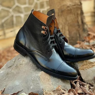 Men handmade black leather lace up ankle boots, street style biker boots