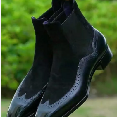 New black suede and leather chelsea wing tip brogue handmade dress boots, formal wingtip office boots