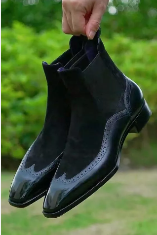 New Black Suede and Leather Chelsea Wing Tip Brogue Handmade Dress Boots, formal wingtip office boots