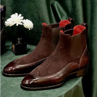 New brown suede and leather chelsea wing tip brogue handmade dress boots, formal wingtip office boots
