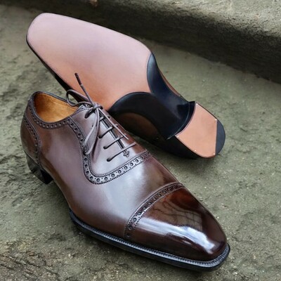 High class men's handmade brown oxfords formal wear dress shoes - Thumbnail 1