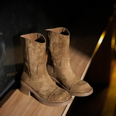 Frosted leather retro thick heel western cowboy martin boots round toe 2 colors