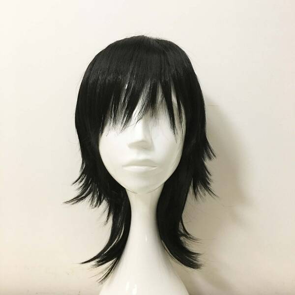 Emo Wig Unisex Black Mullet Scene Wig Layered Bangs Wig Medium Length Straight Cosplay Anime Wig