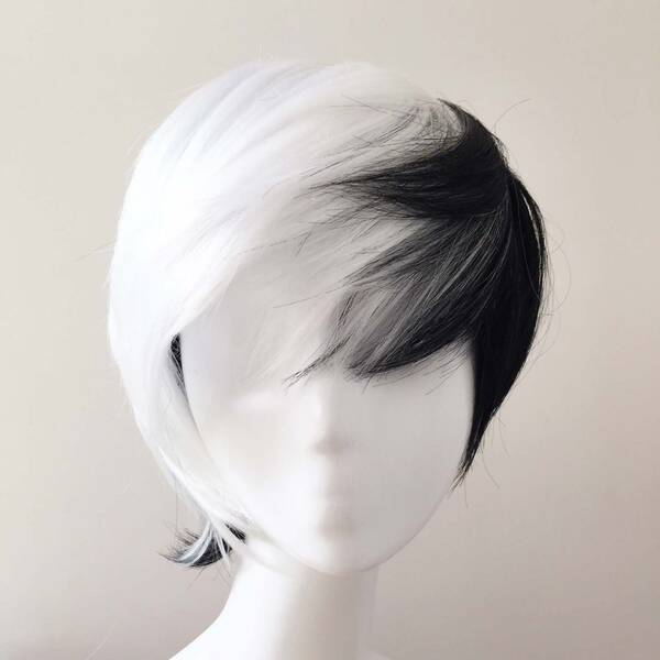 Black White Mixed Two-Tone Side Swept Bangs Short Hair Cosplay Anime Wig
