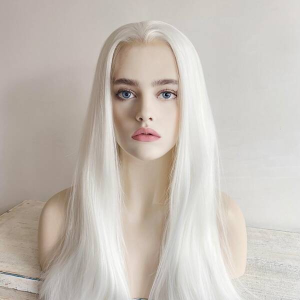 White Lace Front Wig For Women Long Straight Widows Peak Hairline Slicked Hair Realistic Wig 22 Inches