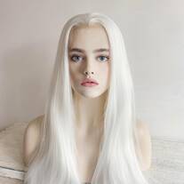 White Lace Front Wig For Women Long Straight Widows Peak Hairline Slicked Hair Realistic Wig 22 Inches